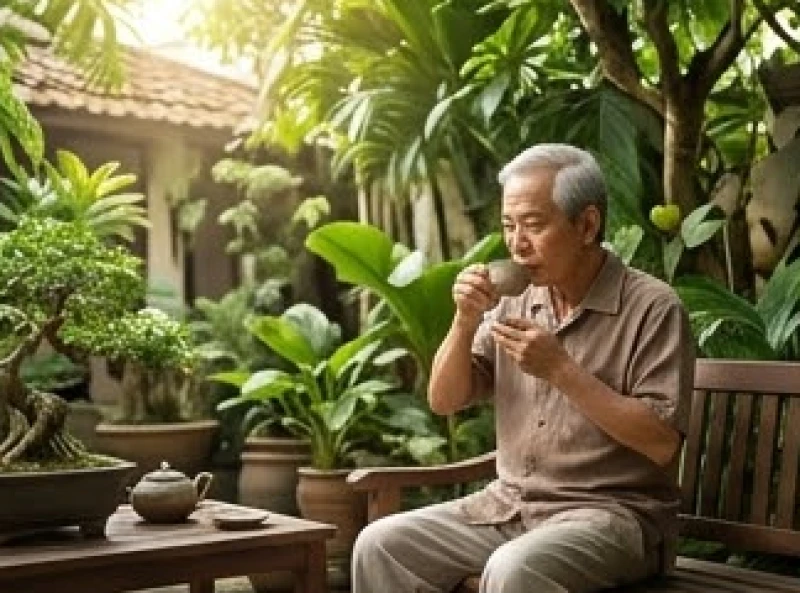 Gia chủ nam ngồi uống trà tĩnh tâm trong không gian xanh mát để giảm áp lực