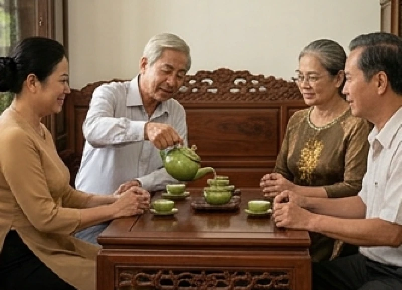 Tuổi Sửu nên cưới vào năm nào: Ma trận chọn năm & tháng tốt 3 Hai gia đình bàn bạc nghiêm túc bên bàn trà truyền thống nhằm tìm phương án tốt nhất khi gặp phải năm hạn Kim Lâu