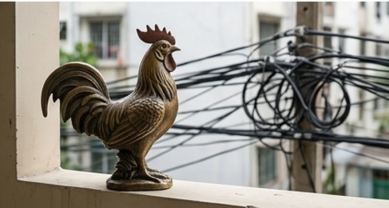 Tượng gà trống bằng đồng được đặt vững chãi trên ban công với chiếc mỏ hướng thẳng ra chòm dây điện đan chéo bên ngoài