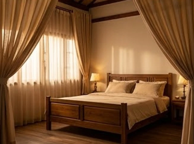 Không gian phòng ngủ truyền thống với ánh sáng ấm áp, rèm lụa và chiếc giường gỗ đặt đúng hướng phong thủy