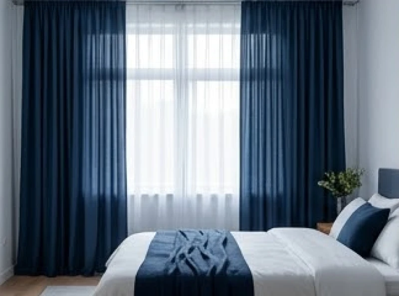 Hướng giường ngủ hợp tuổi Tuất: Quy tắc đo và cách hóa giải 9 Rèm cửa màu xanh biển đậm mang hành Thủy được sử dụng để dập tắt sát khí hành Hỏa xông thẳng vào mép giường