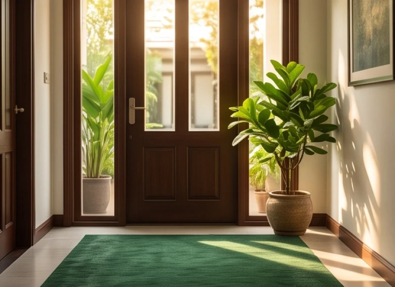 Thảm trải sàn màu xanh lá cây đặt trước cửa chính để hóa giải hướng xấu cho gia chủ bính dần