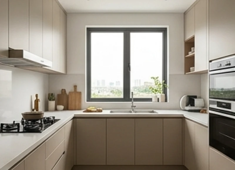 Góc bếp được bố trí khéo léo để tránh luồng khí xấu đâm thẳng vào vị trí đứng chuẩn bị thức ăn