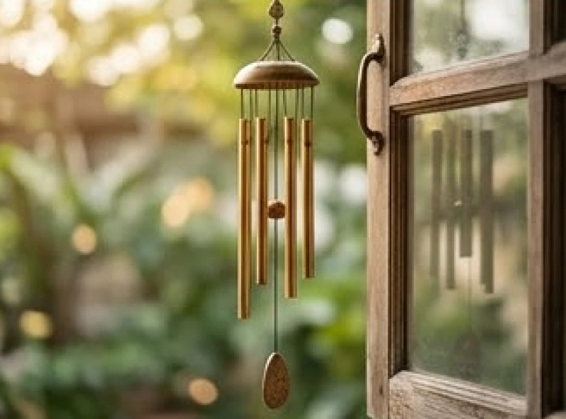 Chiếc chuông gió bằng đồng treo bên khung cửa sổ gỗ giúp xua tan luồng khí xấu