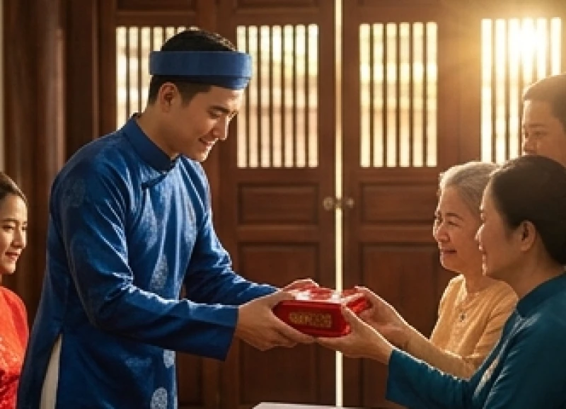 Chú rể trao phong bao lì xì và tráp xin dâu nhỏ gọn trong lần đón dâu đầu tiên để hóa giải hạn