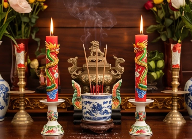 Đôi đèn cầy long phụng cháy sáng rực rỡ trên bàn thờ tổ tiên biểu thị sự hòa hợp âm dương giữa hai vợ chồng