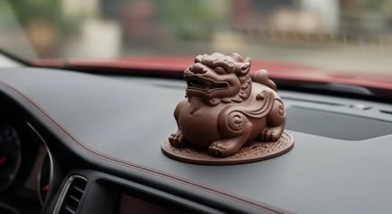 Tượng gốm màu nâu đất và gối tựa lưng vàng sậm đặt trong cabin xe hơi để hóa giải hỏa khí