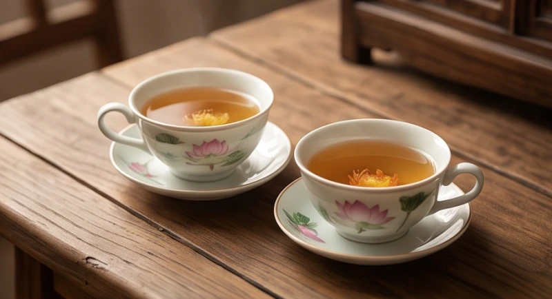Hai tách trà sen ấm nóng đặt cạnh nhau trên bàn gỗ thể hiện sự bình yên và hòa hợp trong gia đạo
