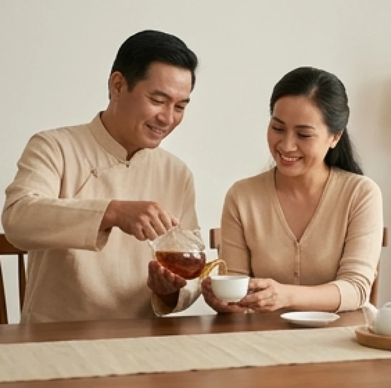 Người chồng ân cần rót trà cho vợ để thể hiện sự quan tâm và làm dịu những căng thẳng hàng ngày
