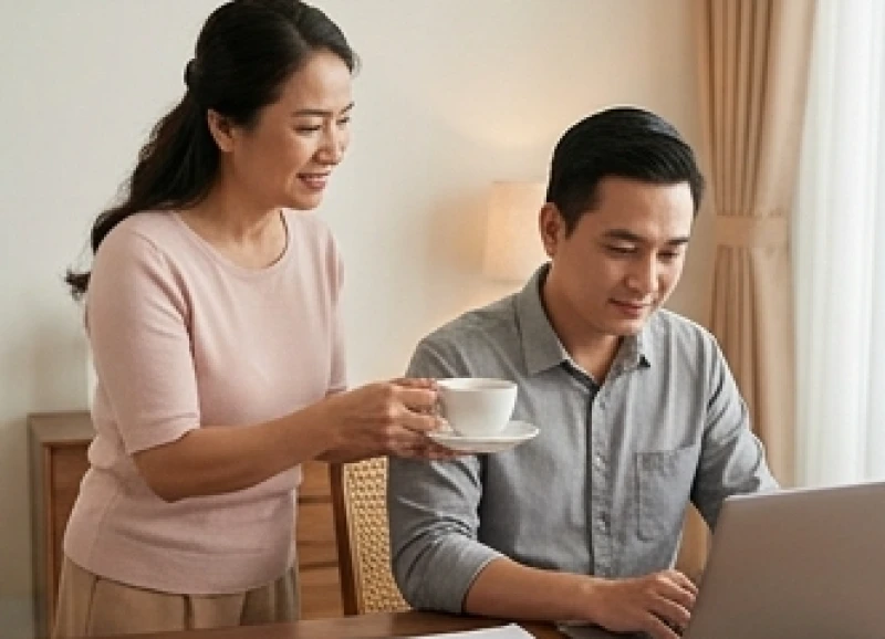 Người vợ mang tách trà ấm đến cho người chồng đang mệt mỏi bên bàn làm việc