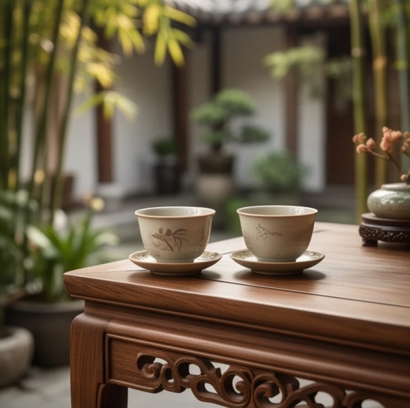 Hai người ngồi thưởng trà tĩnh lặng trong không gian truyền thống gợi sự thấu hiểu và gắn kết gia đình