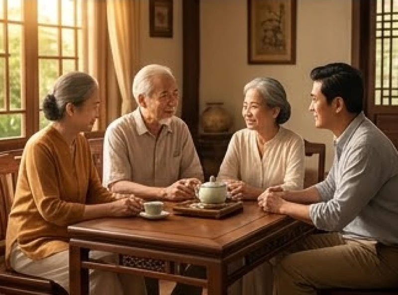 Hai thế hệ trong gia đình ngồi quây quần nói chuyện ôn hòa bên bàn trà