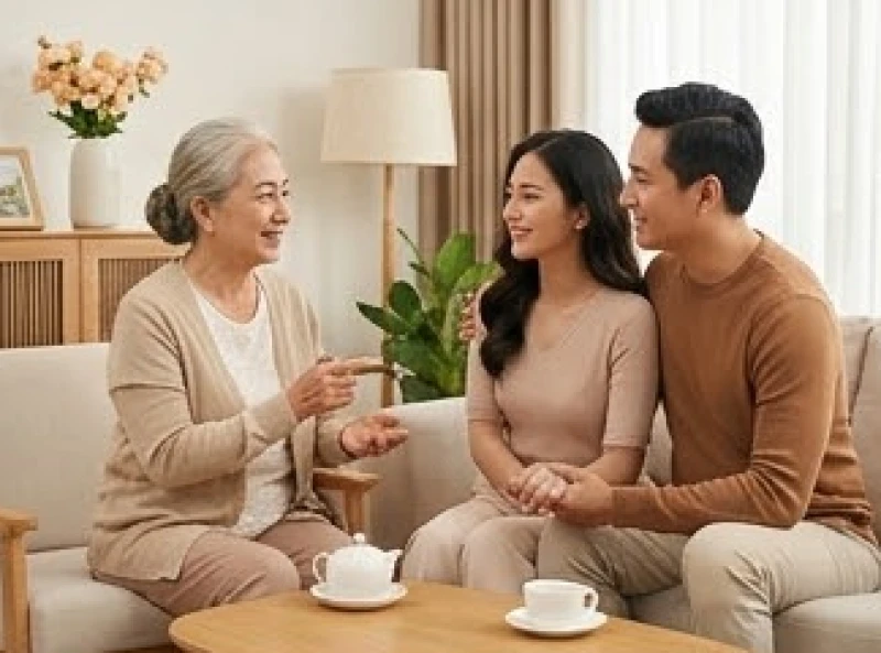 Tình duyên tuổi Hợi năm 2027: Lộ trình 12 tháng và phong thủy 4 Người lớn tuổi hiền từ đang mỉm cười đưa ra lời khuyên cho đôi vợ chồng trẻ trong phòng khách