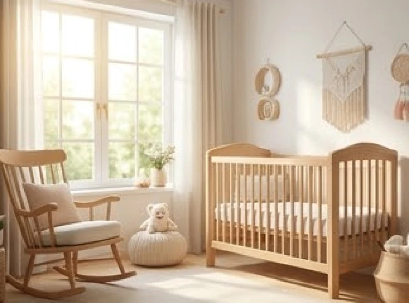 Không gian phòng ngủ của em bé ngập tràn ánh sáng tự nhiên với chiếc nôi gỗ được đặt ở vị trí vô cùng thoáng đãng