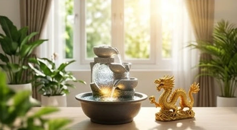 Mơ thấy rồng bơi dưới nước: Giải mã điềm báo theo màu & dòng nước 6 Bình nước phong thủy trong nhà được vệ sinh sạch sẽ bên cạnh bức tượng rồng chiêu tài