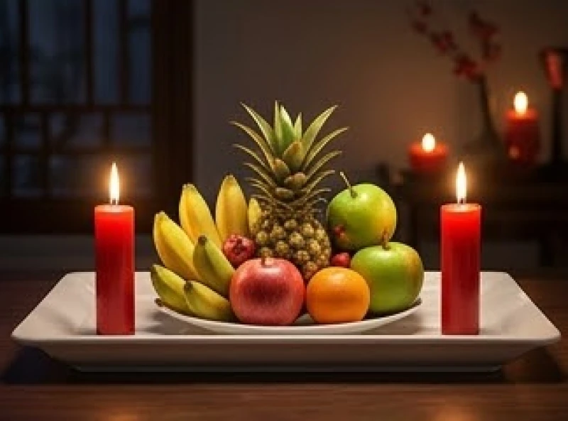 Đĩa trái cây tươi và nến đỏ được chuẩn bị tươm tất cho nghi thức cúng sao giải hạn dịp đầu năm
