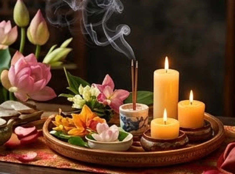 Mâm cúng sao giải hạn với ngọn nến sáng và hoa tươi thể hiện sự cẩn trọng trước các năm đại hạn