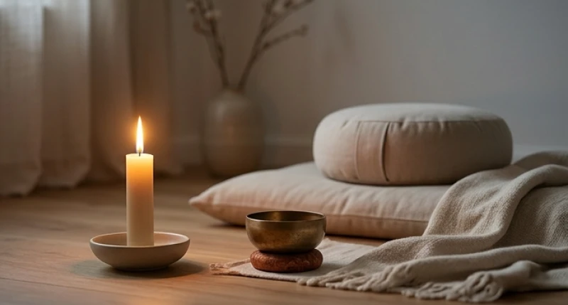 Một góc không gian tĩnh lặng với ánh nến vàng dịu nhẹ dùng để thực hành thiền định và thanh lọc tâm trí