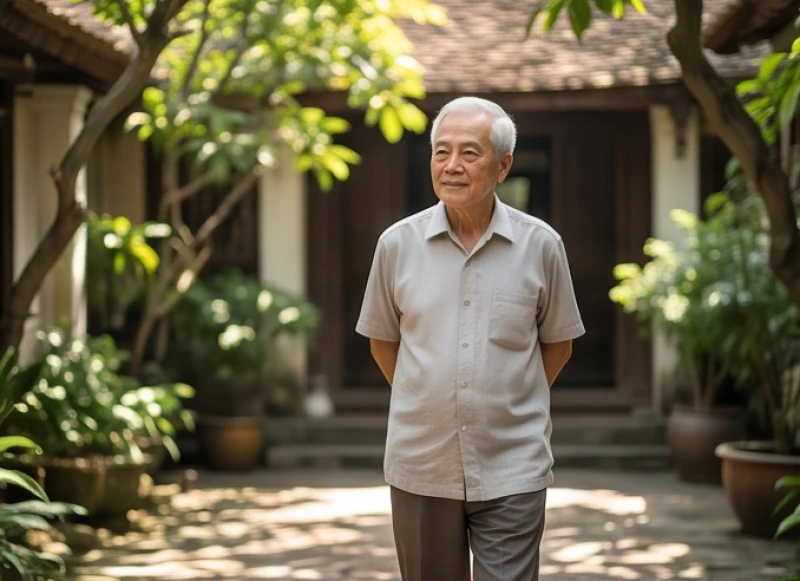 Người nam tuổi 70 đi dạo thong dong trong vườn nhà để tĩnh tâm giảm trừ hạn Địa Võng