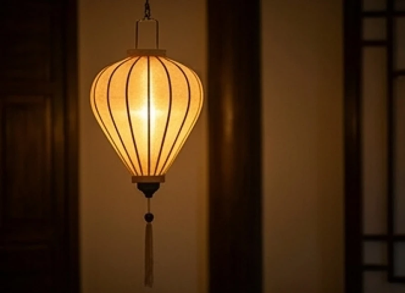 Ánh sáng vàng dịu dàng từ chiếc đèn lồng truyền thống soi rọi không gian tĩnh lặng bình an