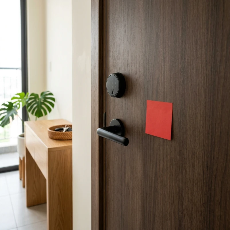 Số nhà hợp tuổi Sửu: Cách tính cộng dồn và hóa giải tương khắc 6 Mặt trong cánh cửa chính chung cư được dán một mảnh giấy đỏ nhỏ gọn