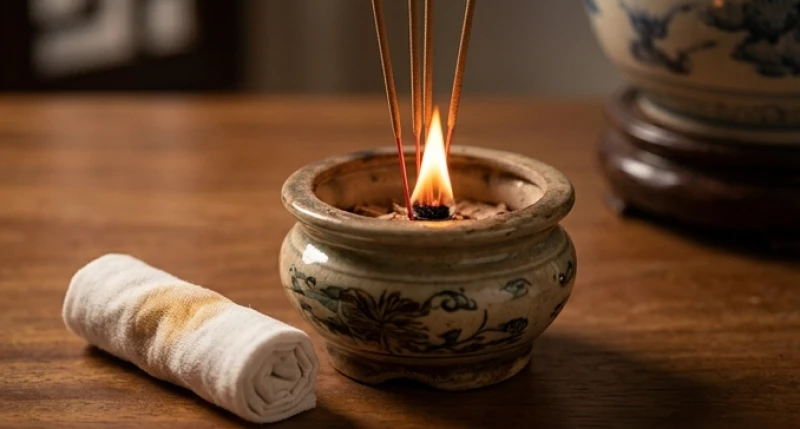 Bát hương bất ngờ bùng lửa nhỏ ở phần chân nhang đang được gia chủ bình tĩnh dùng khăn tẩm nước che phủ dập tắt