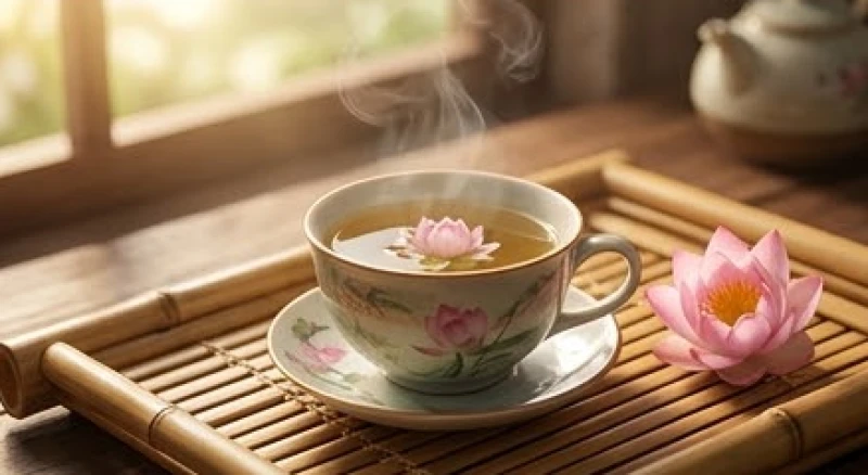 Khung cảnh thanh bình với ly trà sen tĩnh lặng tượng trưng cho sự bình ổn ở năm cuối