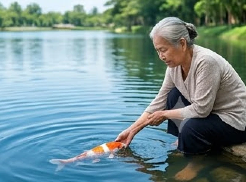 Người phụ nữ lớn tuổi đang thả cá chép xuống hồ nước trong xanh để phóng sinh cầu bình an