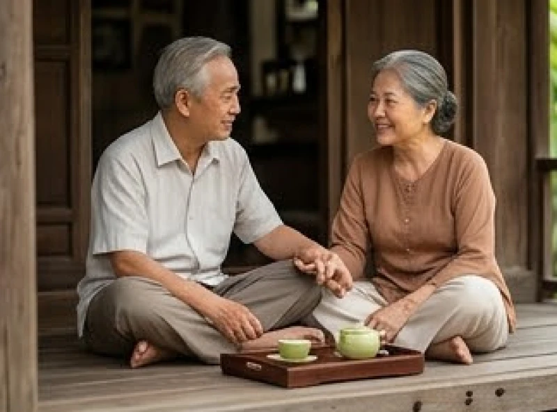 Đôi vợ chồng già ngồi tâm tình thấu hiểu nhau bên hiên nhà gỗ