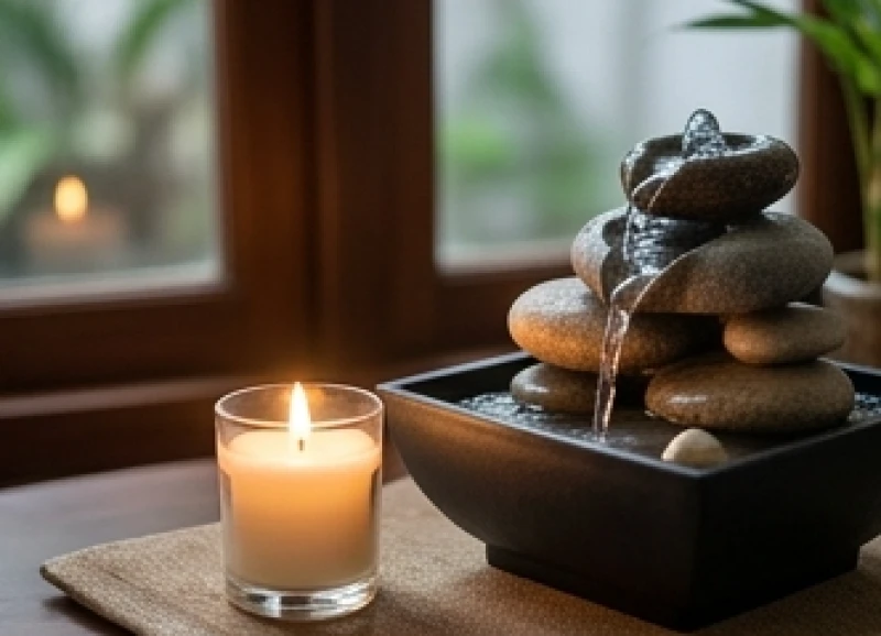 Sự tương tác hài hòa giữa một ngọn nến nhỏ và dòng nước róc rách trong không gian thiền định
