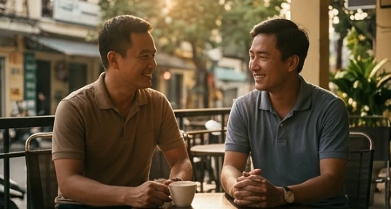 Hai anh em trai khoác vai nhau mỉm cười rạng rỡ dưới ánh nắng chiều sau khi gỡ bỏ mọi rào cản giao tiếp