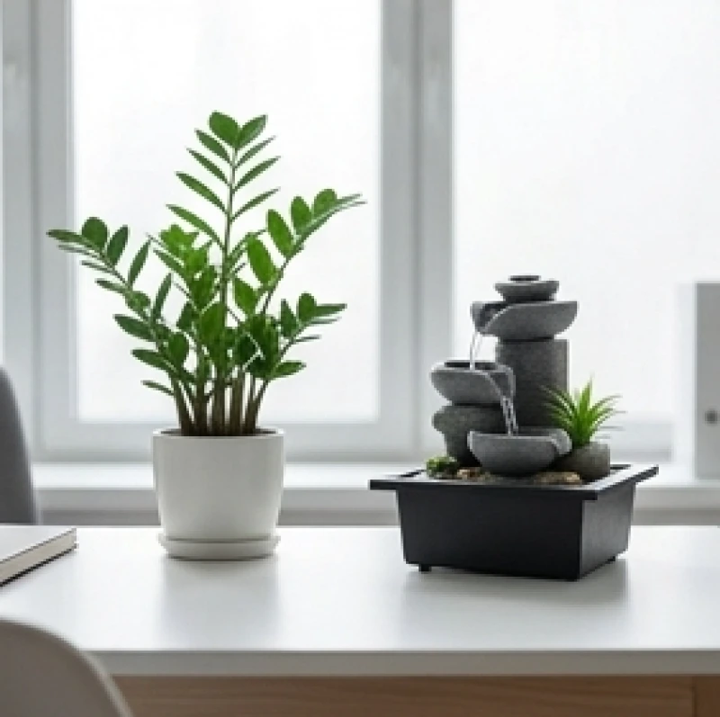 Không gian làm việc bài trí chậu cây kim tiền và thác nước phong thủy mini giúp hóa giải sự xung khắc