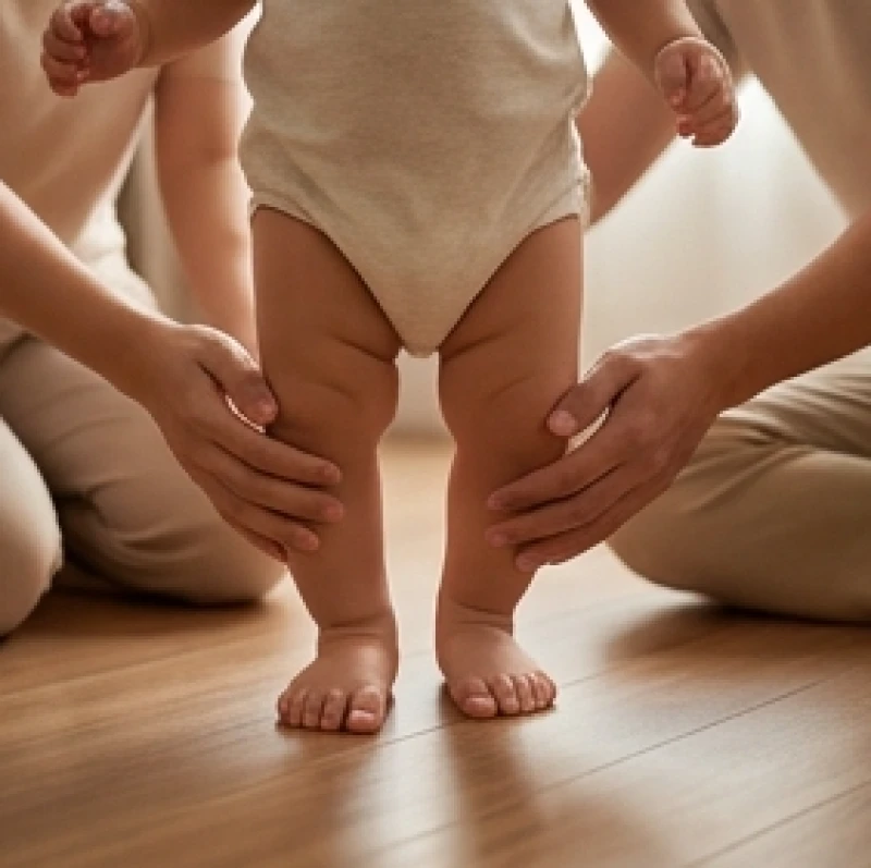 Em bé đang chập chững tập đi dưới sự nâng đỡ cẩn thận từ đôi bàn tay cha mẹ