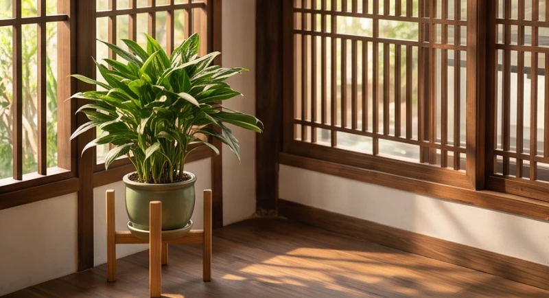 Chậu cây xanh mướt đặt cạnh khung cửa sổ phòng khách giúp tăng cường sinh khí và hóa giải xung khắc