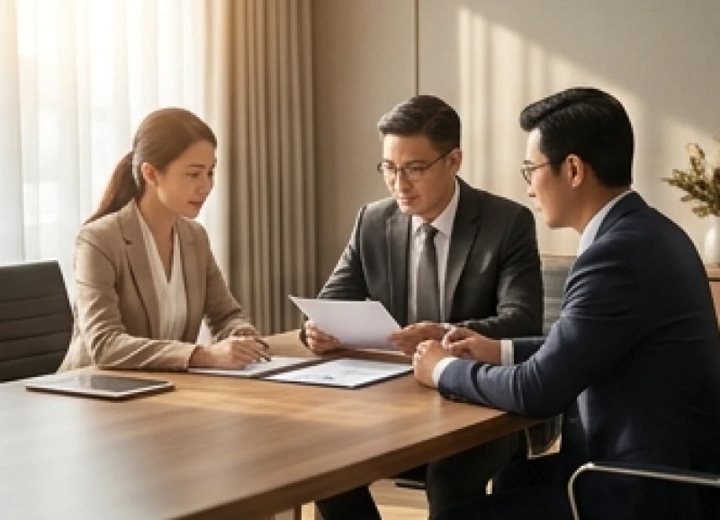 Cuộc họp kinh doanh với sự góp mặt của ba người đối tác cùng xem xét hợp đồng trên chiếc bàn gỗ