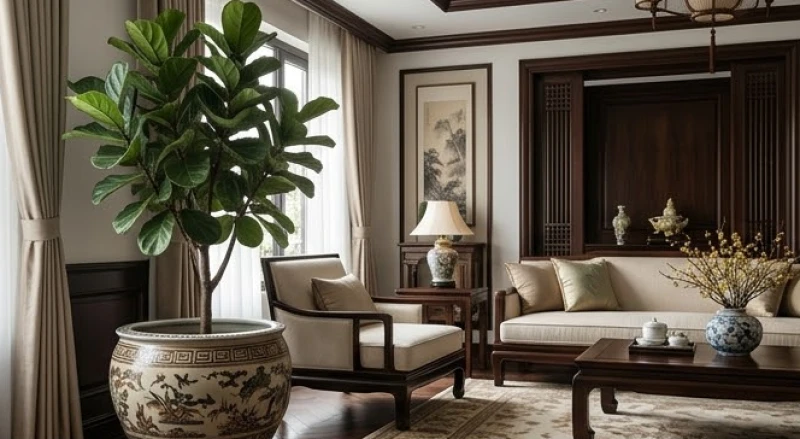 Chậu cây thân gỗ lớn đặt trong phòng khách giúp hóa giải sát khí và cân bằng năng lượng xung khắc