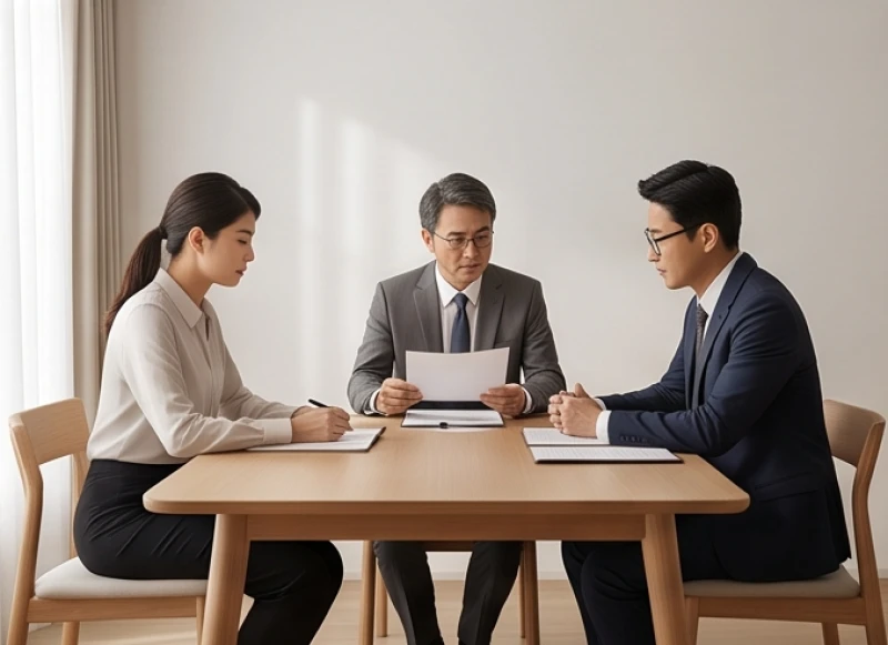 Ba người ngồi thương lượng hợp đồng tại bàn làm việc tượng trưng cho giải pháp thêm người trung gian mệnh Thủy
