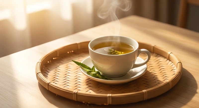 Không gian tĩnh lặng với chén trà thảo mộc giúp tịnh tâm và hóa giải vận hạn xấu