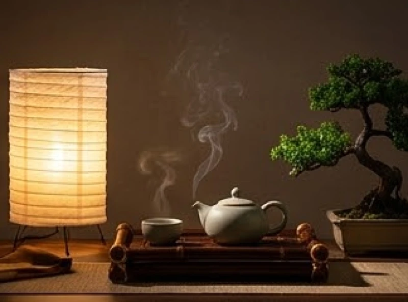 Không gian thanh tịnh với đèn lồng giấy và khay trà gốm sứ tỏa khói nghi ngút
