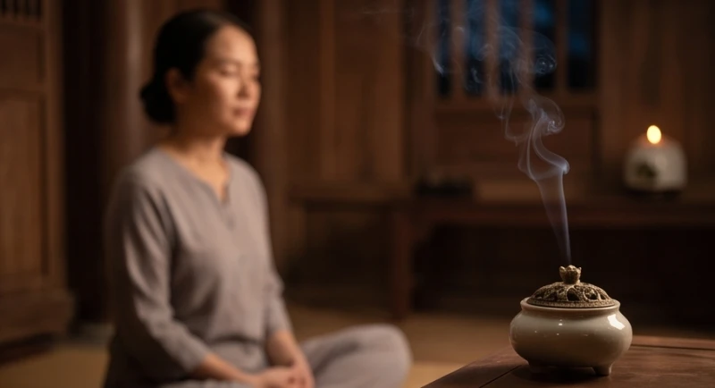 Cách hóa giải vận hạn cho tuổi Thân: cúng lễ và vật phẩm 2 Người tuổi Thân thực hành thiền định tĩnh tâm để cân bằng cảm xúc trong năm hạn