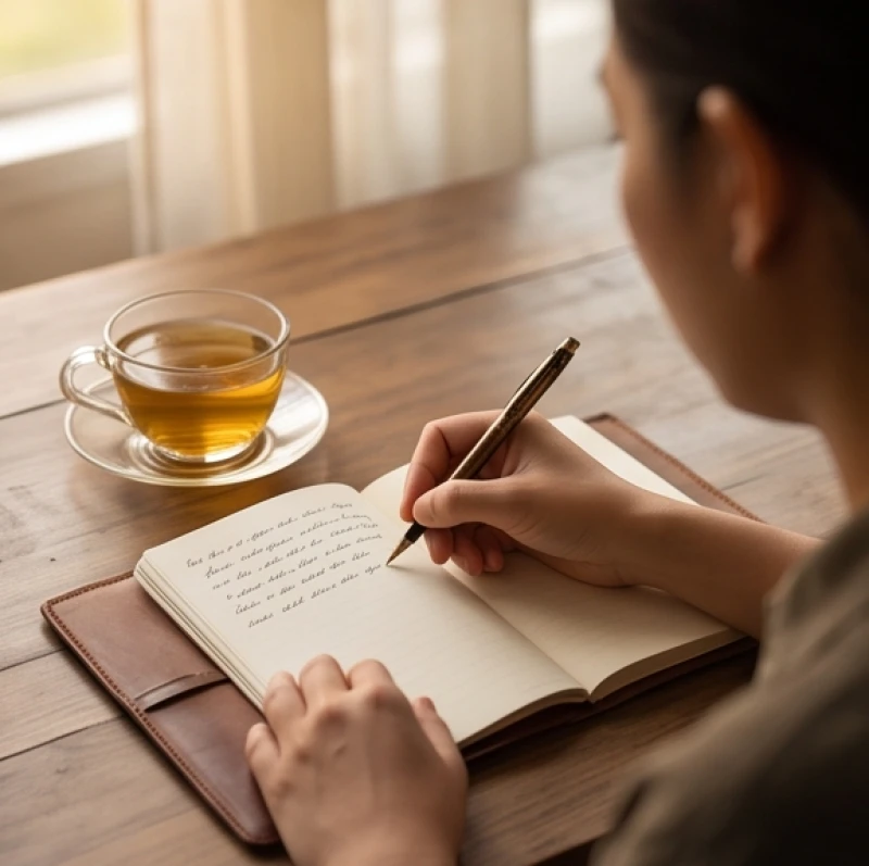Người phụ nữ đang ghi chép cẩn thận kế hoạch tài chính bên cạnh một tách trà thảo mộc
