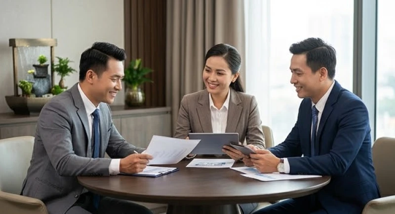 Nhóm ba cổ đông cùng thảo luận vui vẻ trong phòng họp có bày trí vật phẩm phong thủy hành Thủy giúp điều hòa năng lượng