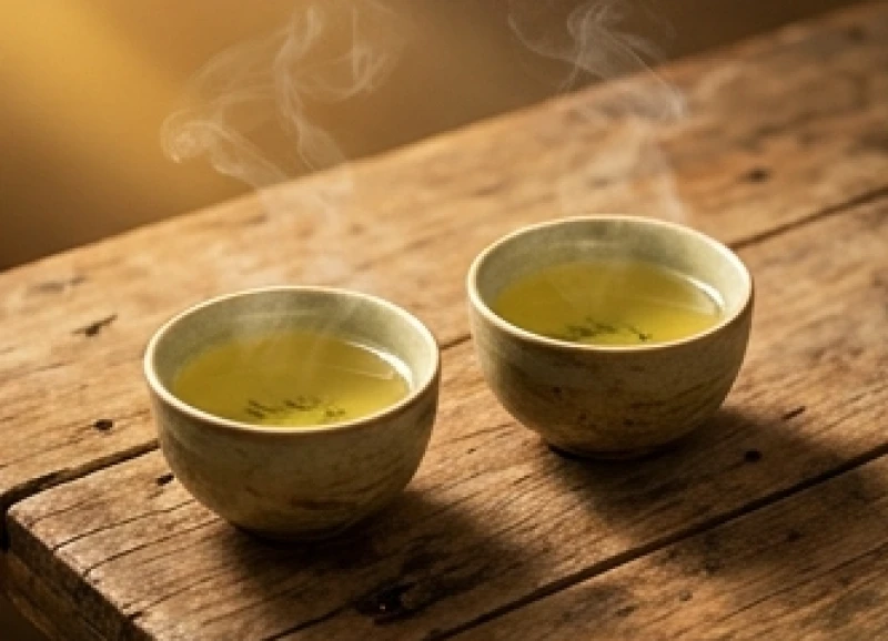 Hai tách trà sen ấm nóng đặt đối diện nhau trên bàn gỗ mộc giúp làm dịu không khí