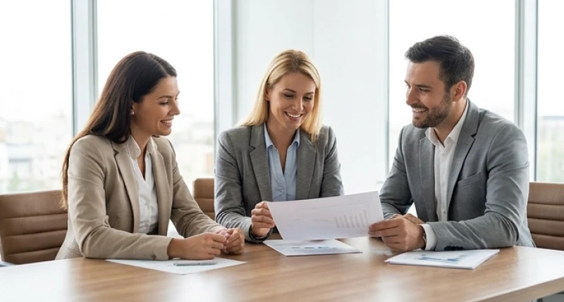 Ba người đối tác đang vui vẻ thảo luận hợp đồng trên bàn làm việc thể hiện sự dung hòa