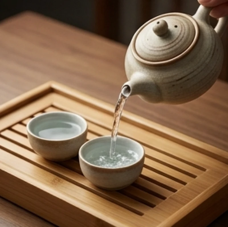 Ấm trà đạo bằng gốm sứ thủ công rót nước thanh khiết vào hai chén trà nhỏ đặt trên khay tre tĩnh lặng