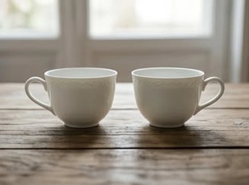 Hai tách trà sứ trắng đặt cạnh nhau trên bàn gỗ mộc mạc và ấm cúng