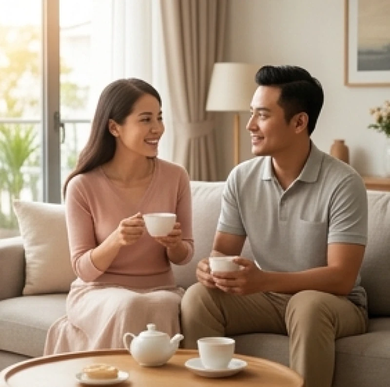 Hai vợ chồng đang ngồi thảo luận vui vẻ trong phòng khách ấm cúng để thấu hiểu và dung hòa sự khác biệt