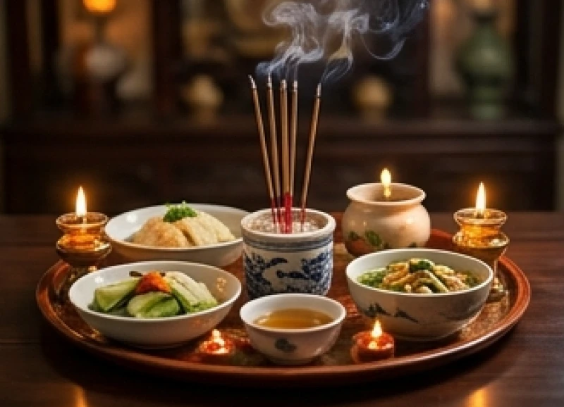 Mâm cơm cúng gia tiên giản dị với đèn cúng và nén nhang trầm cháy đỏ