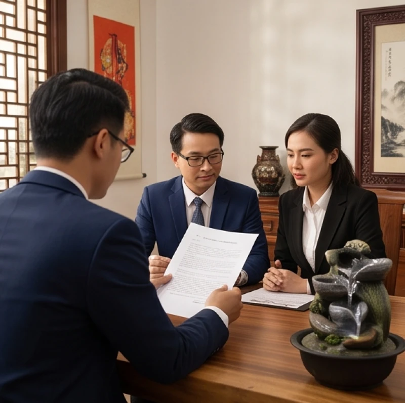 Ba người đang thảo luận hợp đồng kinh doanh trong không gian văn phòng bài trí phong thủy