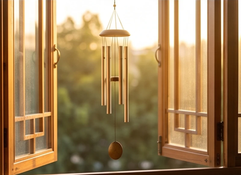 Chuông gió bằng kim loại treo bên cửa sổ mang lại năng lượng hành Kim để cân bằng sinh khí giữa mệnh Thổ và Thủy